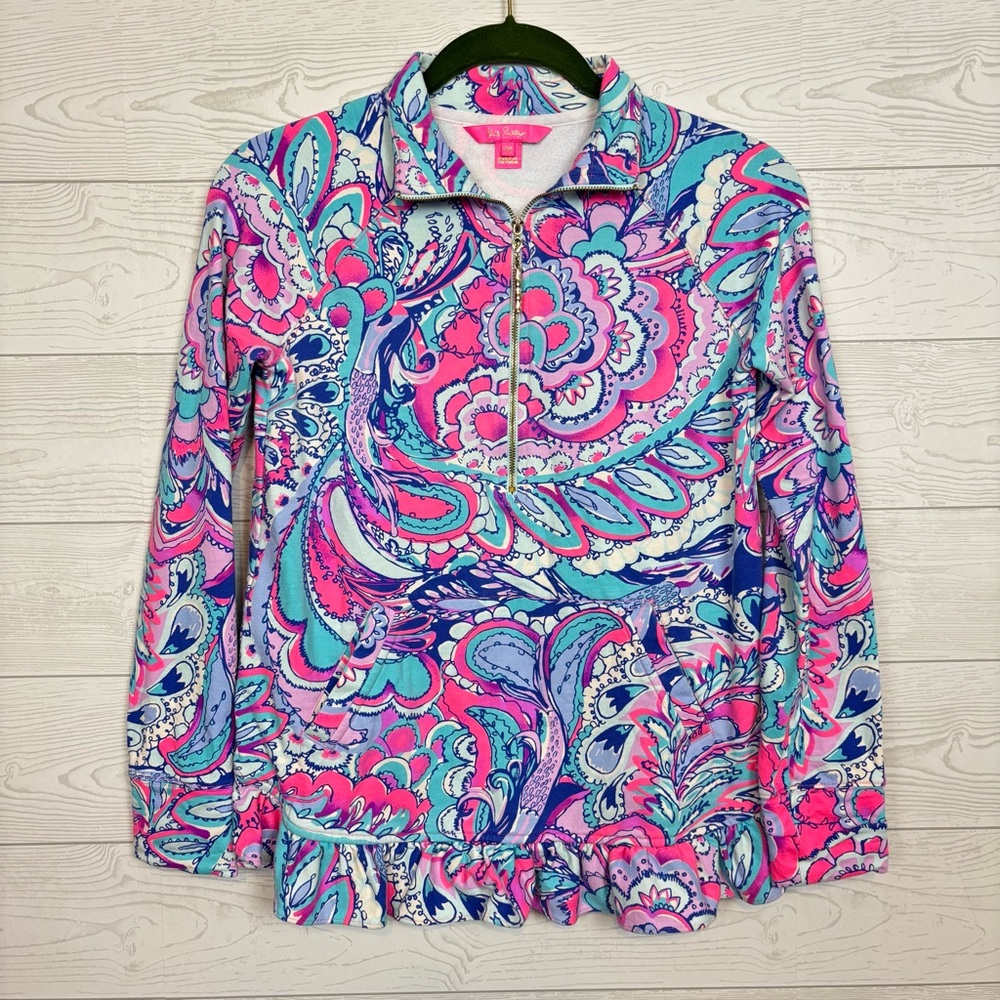 Lilly Pulitzer Killian Popover Pullover Pink Tropics Ruffle Hem Size XXS - Picture 1 of 11